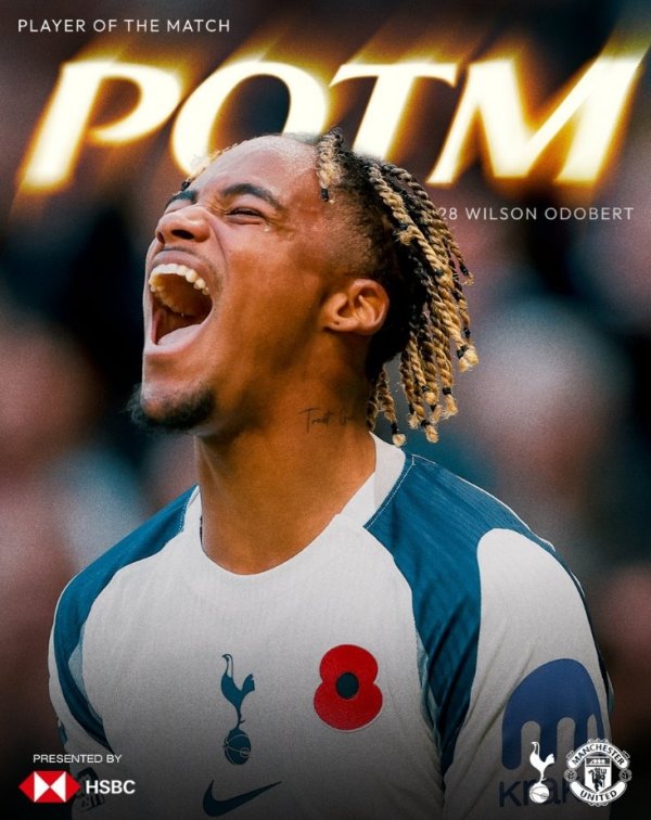 Sending assists, Tottenham official: 20-year-old Odo Bell was elected the best player in the 2-2 Manchester United team